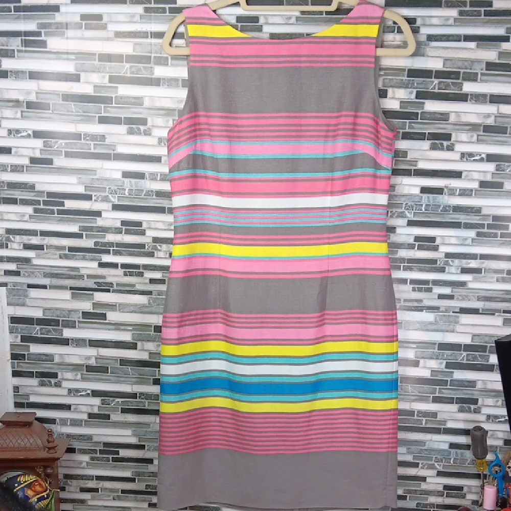 Tahari 8 Linen Striped Multicolor Sleeveless Dress Bodycon